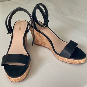 Aldo Platform Wedge 4" Heel Black Leather with ankle strap size 9